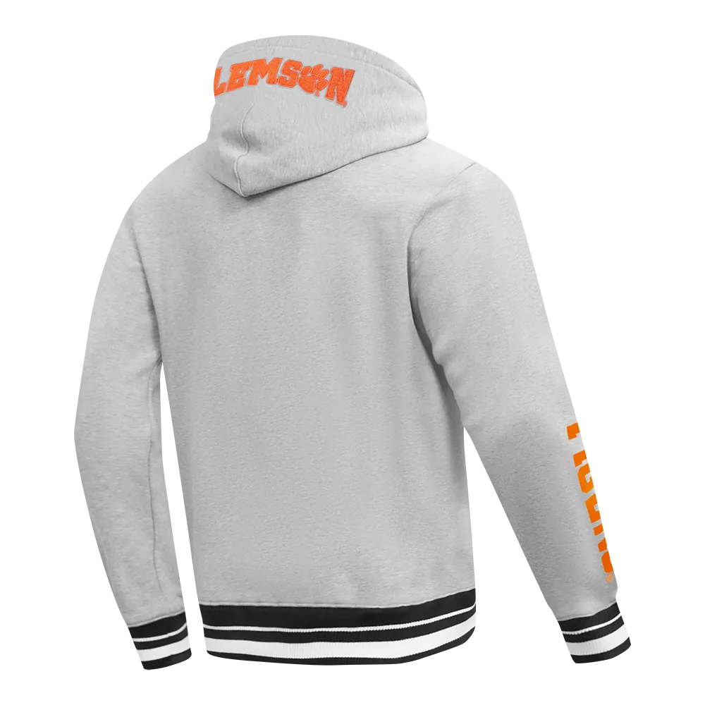 CLEMSON UNIVERSITY CLASSIC MEN'S STACKED LOGO PULLOVER HOODIE (HEATHER GRAY/BLACK)