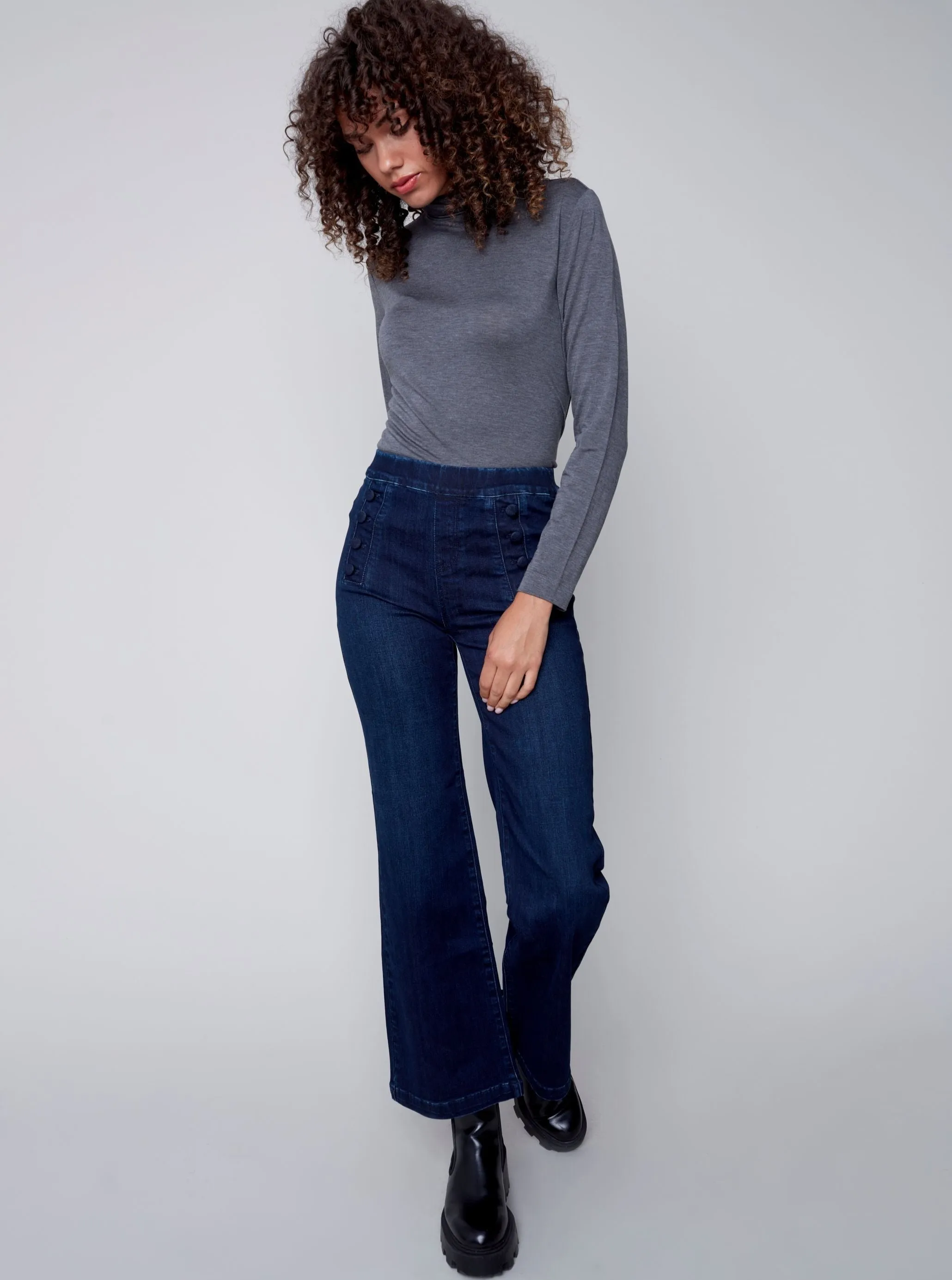 Flare Pull On Pant Side Buttons [Blue Black-C5459]