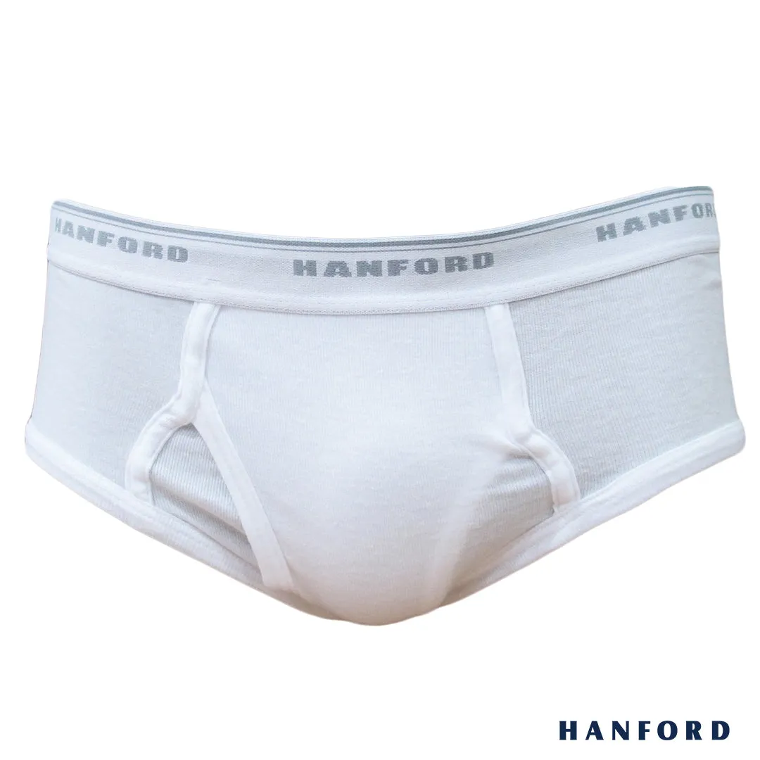 Hanford Men Premium Ribbed Cotton Classic Briefs w/ Fly Opening Double Padded Back - White (3in1 Pack)