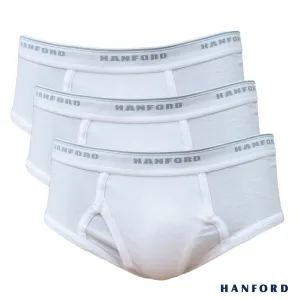 Hanford Men Premium Ribbed Cotton Classic Briefs w/ Fly Opening Double Padded Back - White (3in1 Pack)