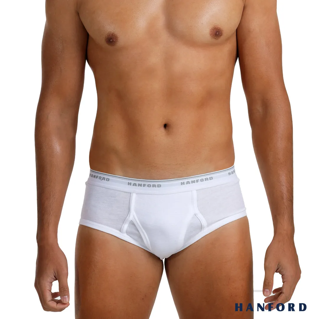 Hanford Men Premium Ribbed Cotton Classic Briefs w/ Fly Opening Double Padded Back - White (3in1 Pack)