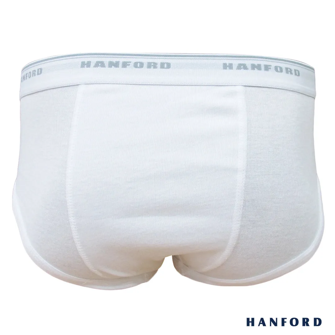 Hanford Men Premium Ribbed Cotton Classic Briefs w/ Fly Opening Double Padded Back - White (3in1 Pack)
