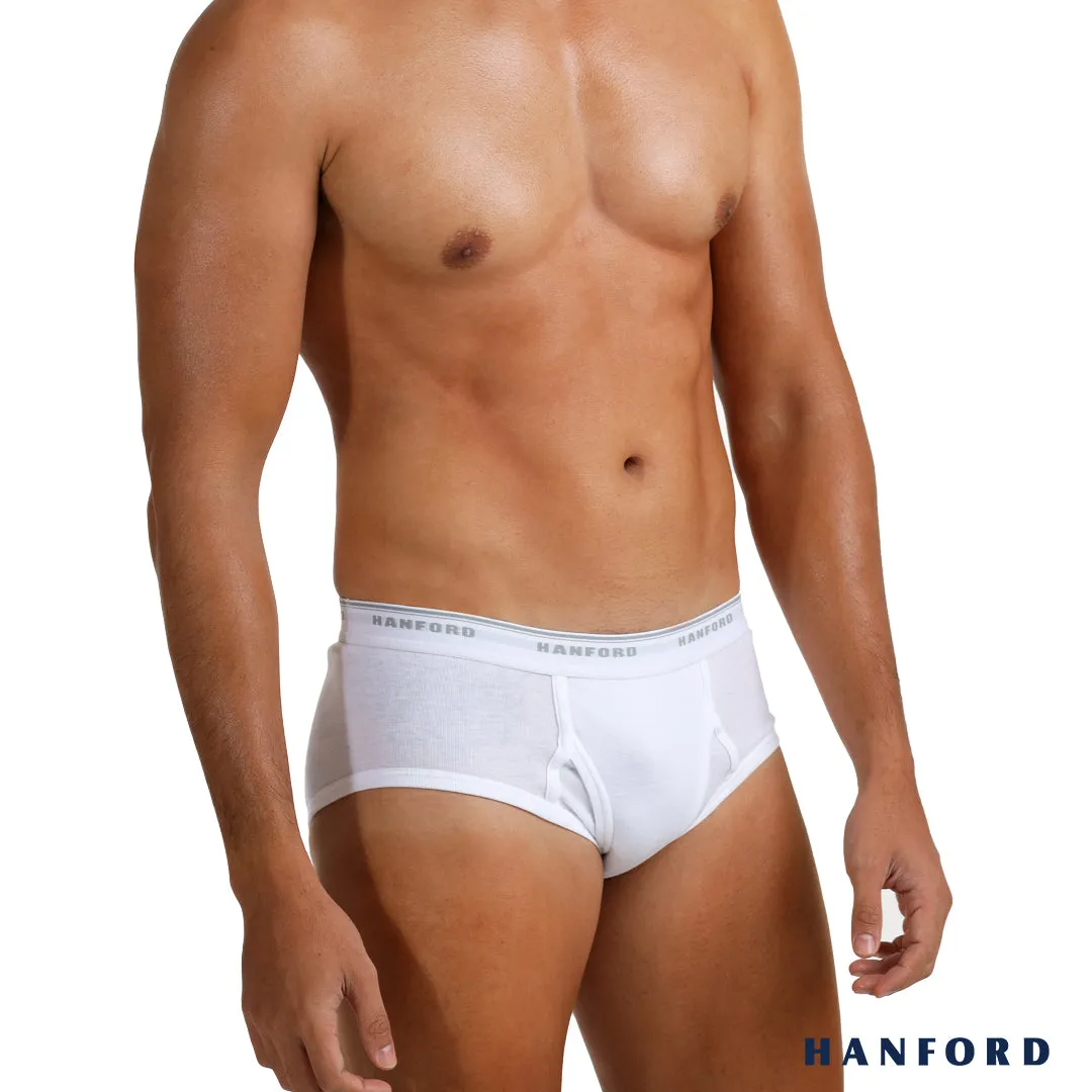 Hanford Men Premium Ribbed Cotton Classic Briefs w/ Fly Opening Double Padded Back - White (3in1 Pack)