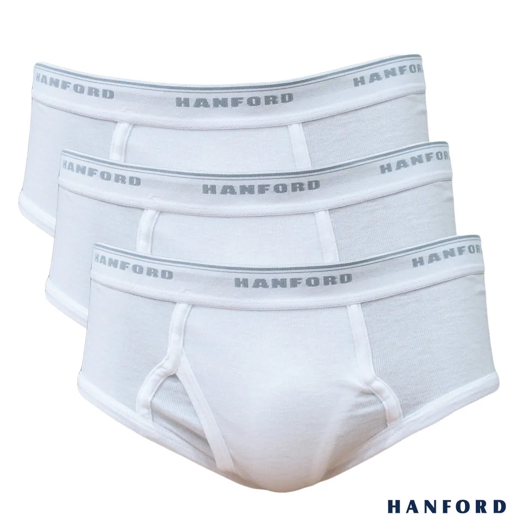 Hanford Men Premium Ribbed Cotton Classic Briefs w/ Fly Opening Double Padded Back - White (3in1 Pack)